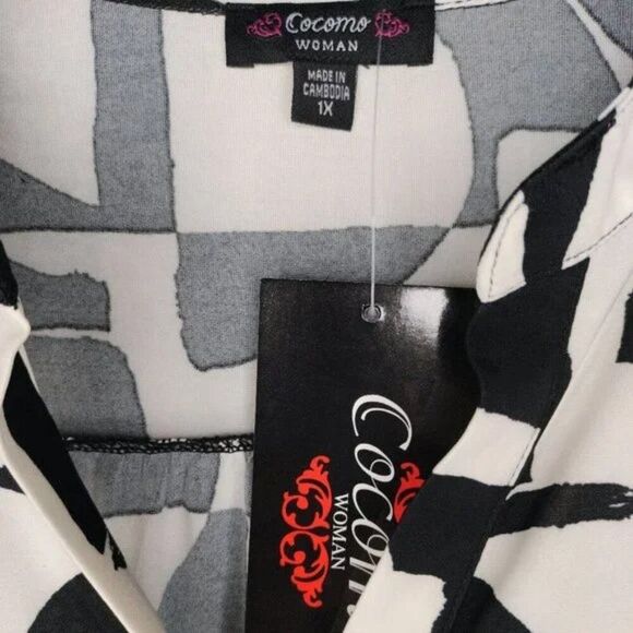 NWT Cocomo Plus Size 1X Black & Ivory Geo Print Pintuck Short Sleeve Top - Picture 6 of 7
